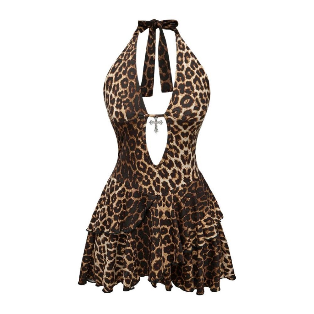 Plus Size Halter Dress Backless Ruffle Mini Y2K Gothic Deep V Neck